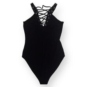 SOLD Forever 21 Bodysuit Plungy Strappy Knit in Black - Size Small